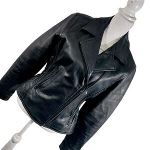 LEATHER WEAR! HEAVY BLACK GENUINE LEATHER AUTHENTIC BIKER JACKET, COAT! SZ M